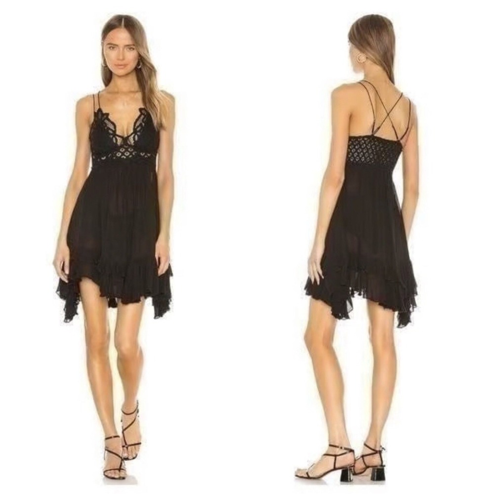 Free People Dress S Black Mini Smocked Back Adella Slip NEW